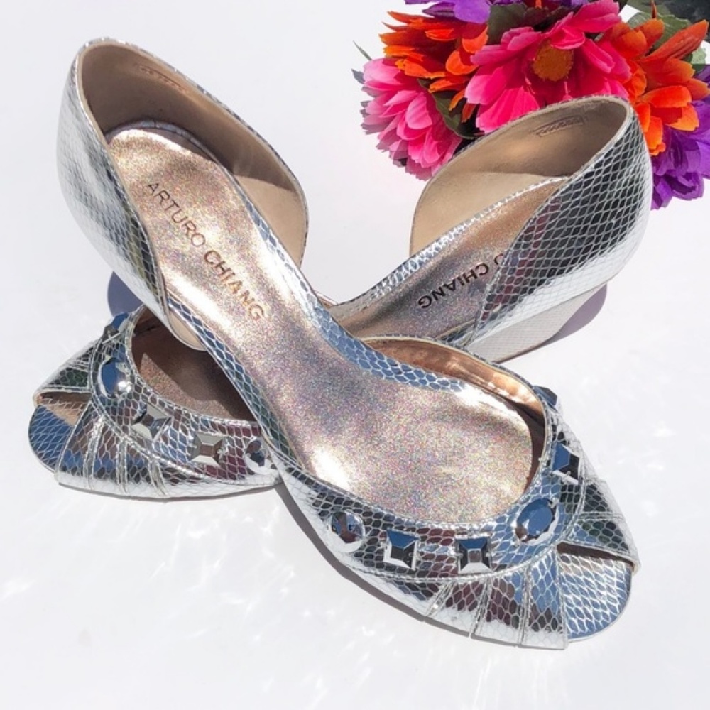 Arturo Chiang Silver Jeweled Wedge Sandals-Sz 7.5M